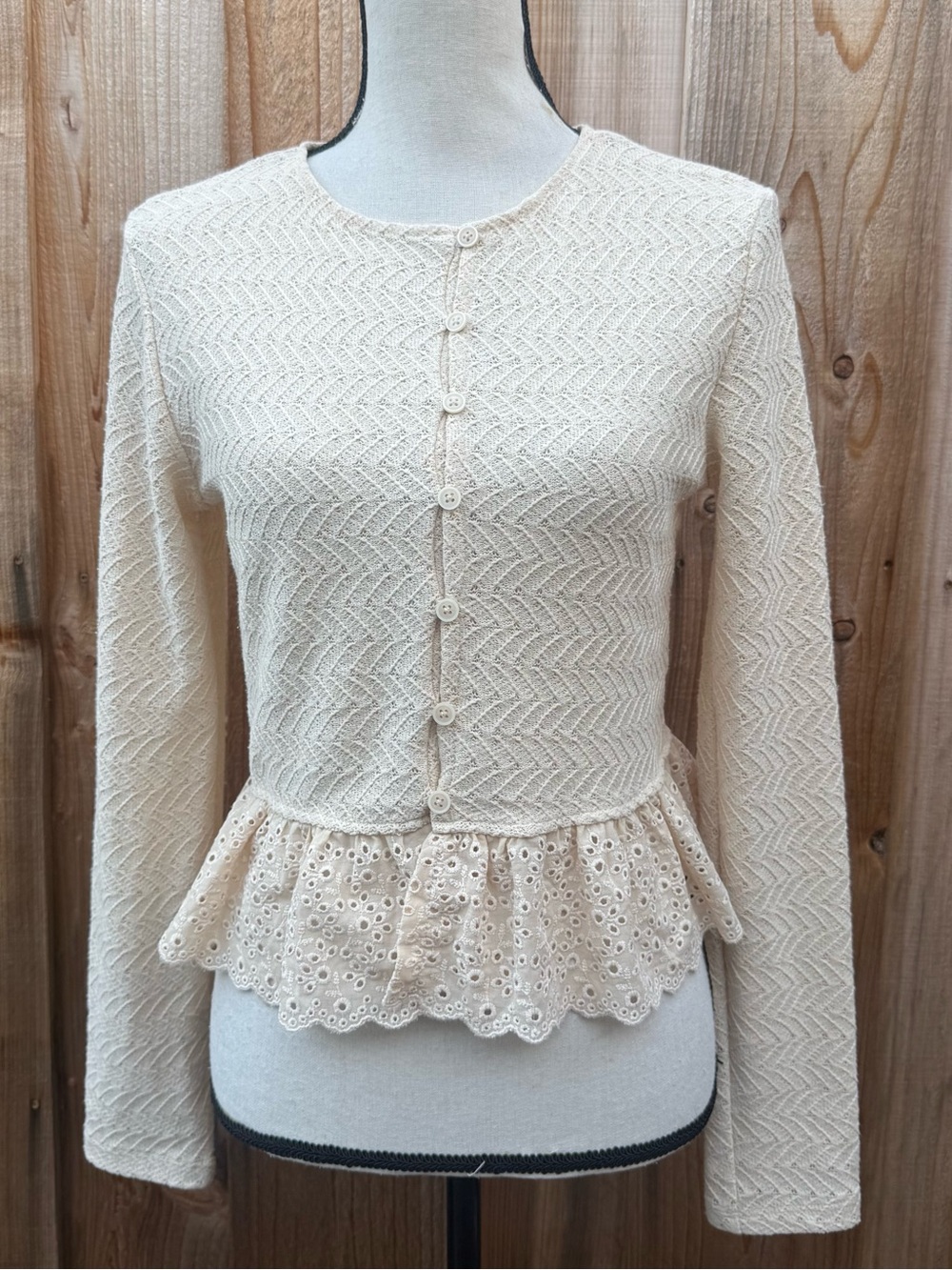 H&M Divided Cream Knit Button-Front Peplum Cardigan